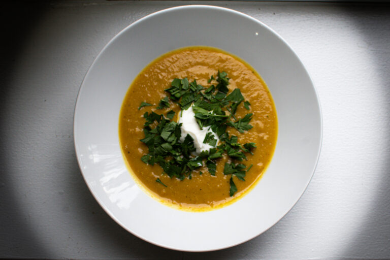 chilled red lentil soup with lemon and herbs