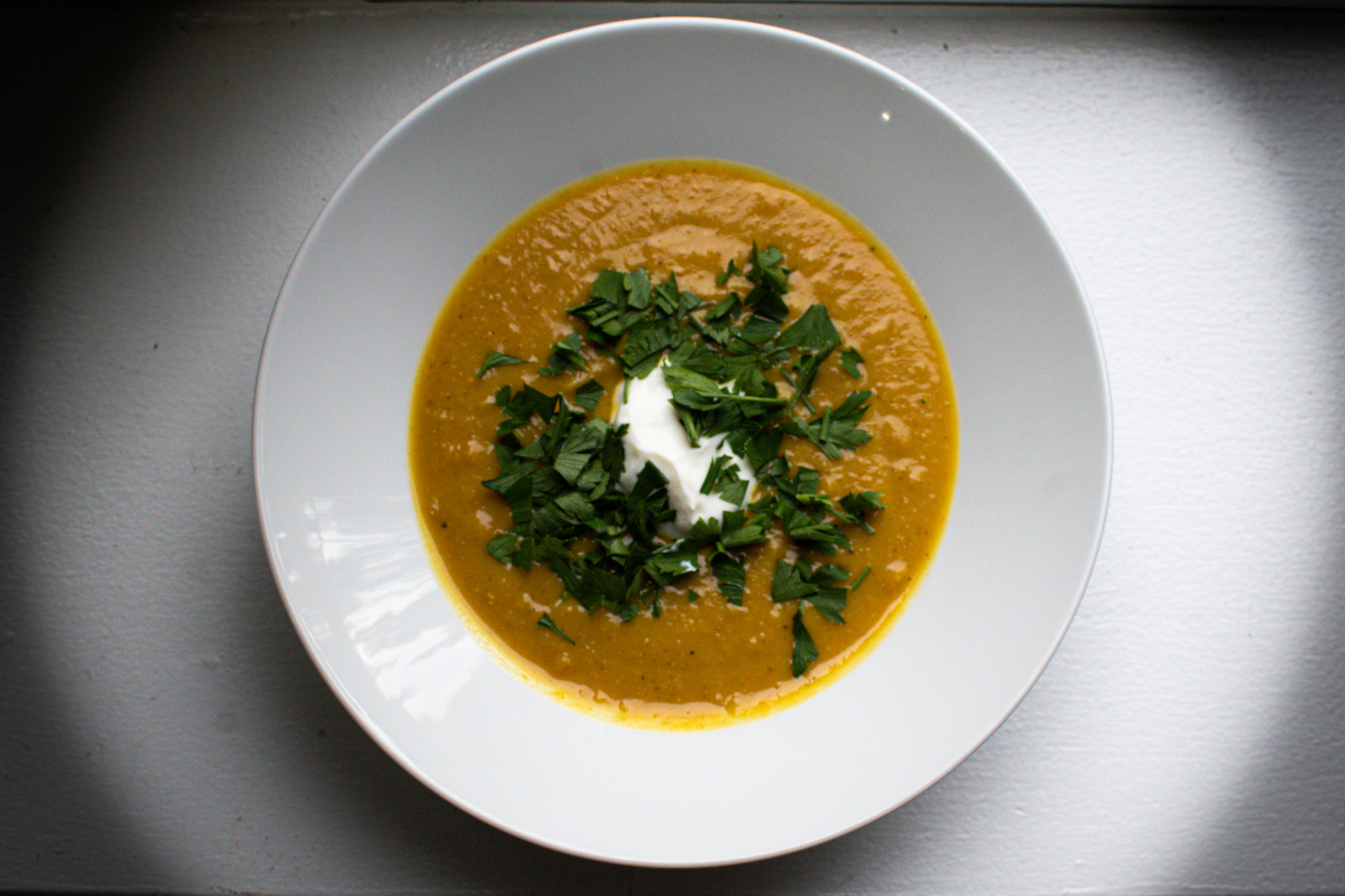 chilled red lentil soup with lemon and herbs
