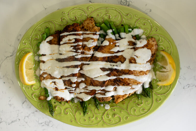 cajun blackened cod with asparagus and lemon yogurt drizzle