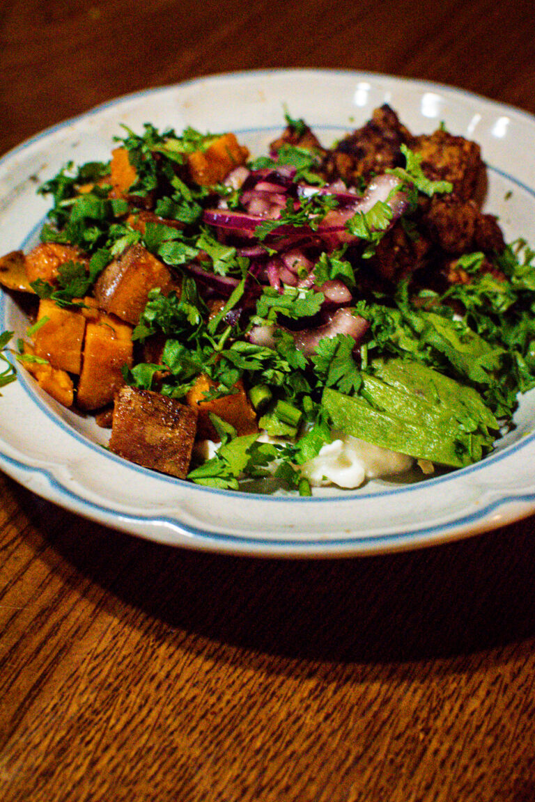 BBQ Grilled Sweet Potato Bowls with Cottage Cheese, Crispy Tempeh & Pickled Onion